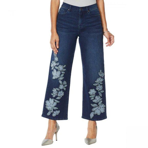 DG2 by Diane Gilman Denim - NWT DG2 Women's Embroidered And Frayed Wide Leg Jeans 12 Indigo Blue